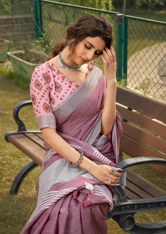 Abhirupi Purple Soft Linen Silk Saree With Tussles