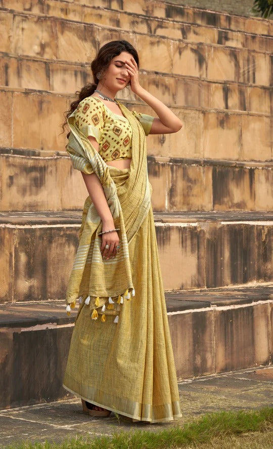 Abhirupi Yellow Soft Linen Silk Saree With Tussles