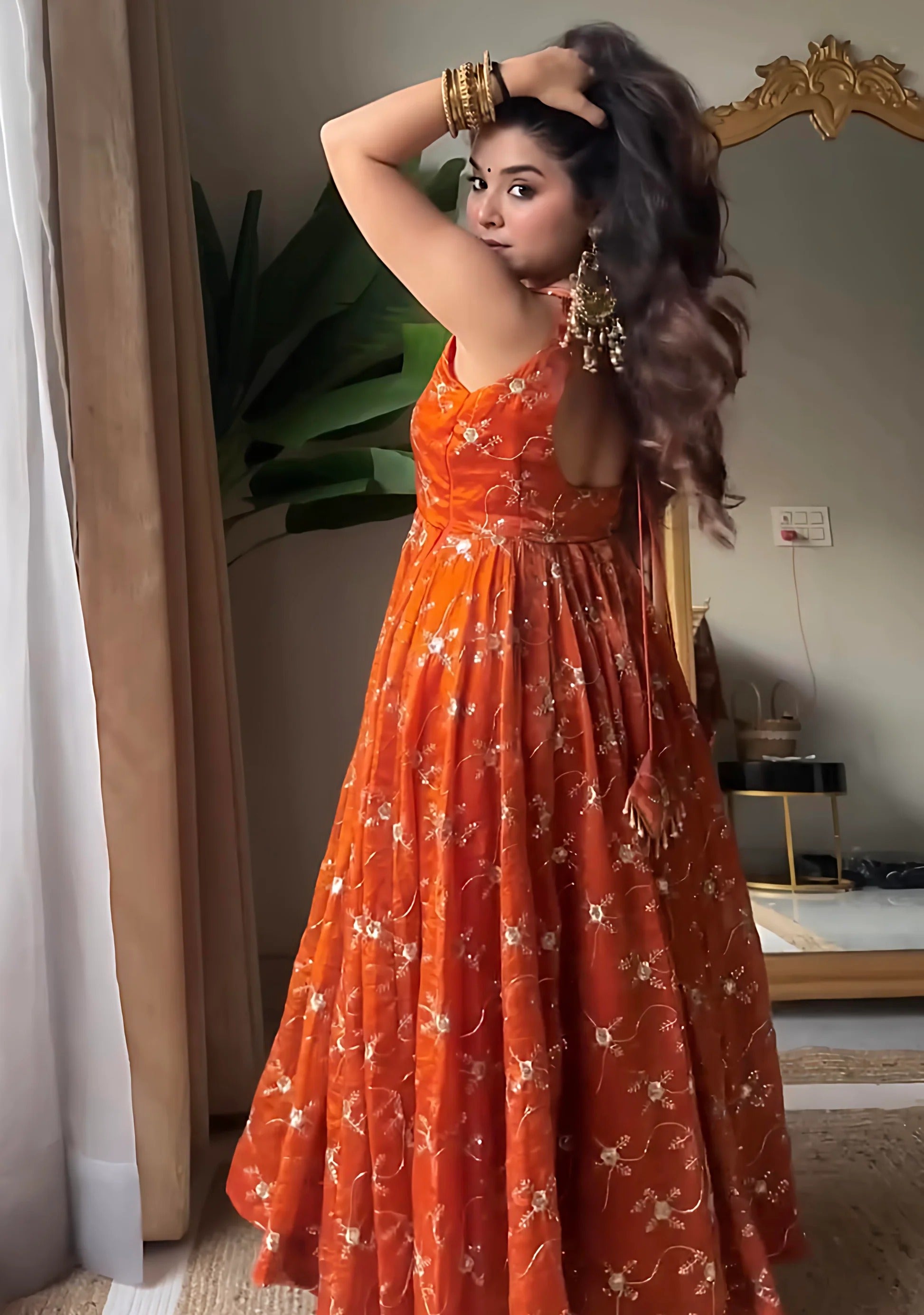 Blooming Orange Fendy Silk Thred With Sequnce Work Anarkali Suit Set