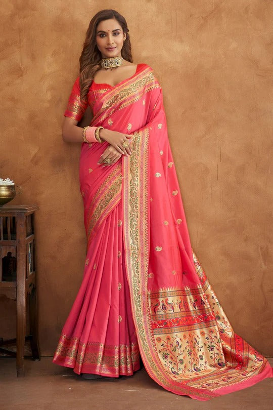 Apsra Pink Banarasi Soft Silk Weaving Saree