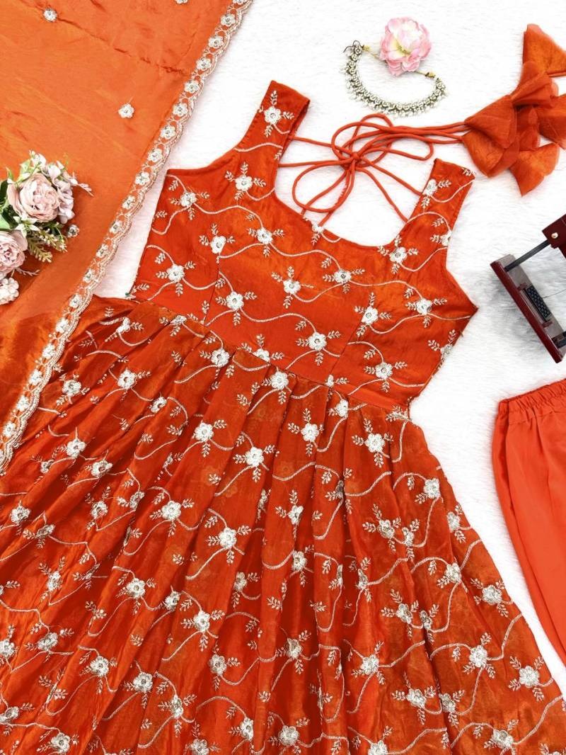 Blooming Orange Fendy Silk Thred With Sequnce Work Anarkali Suit Set