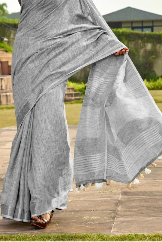 Abhirupi Grey Soft Linen Silk Saree With Tussles