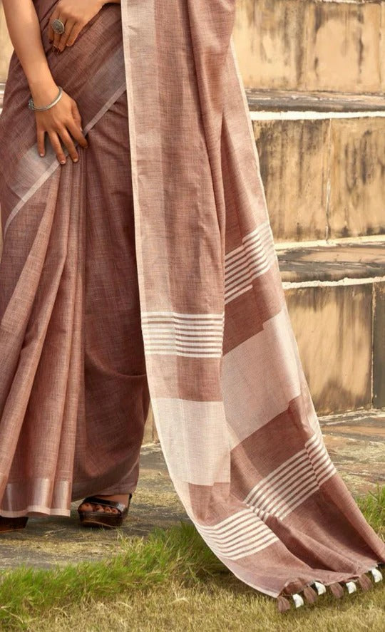 Abhirupi Brown Soft Linen Silk Saree With Tussles