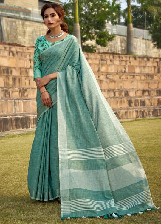 Abhirupi Blue Soft Linen Silk Saree With Tussles