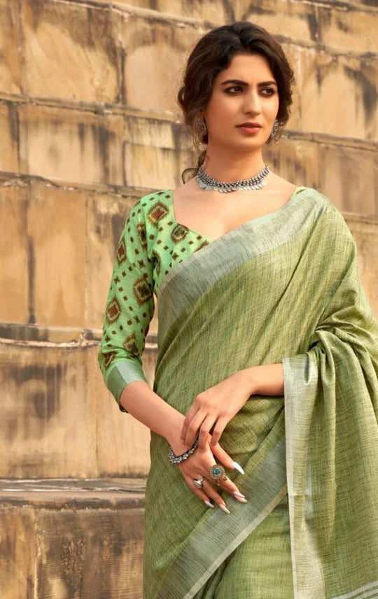 Abhirupi Green Soft Linen Silk Saree With Tussles