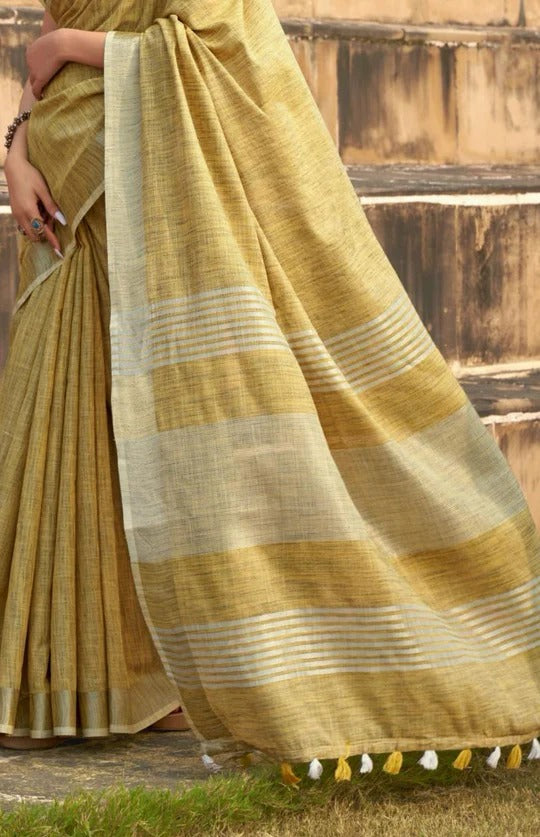 Abhirupi Yellow Soft Linen Silk Saree With Tussles