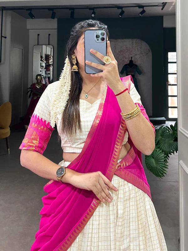 Pink Zari Weaving Chex Work Poly Cotton Lehenga Choli