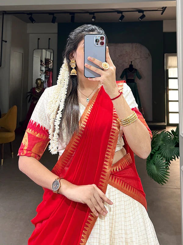 Red Zari Weaving Chex Work Poly Cotton Lehenga Choli