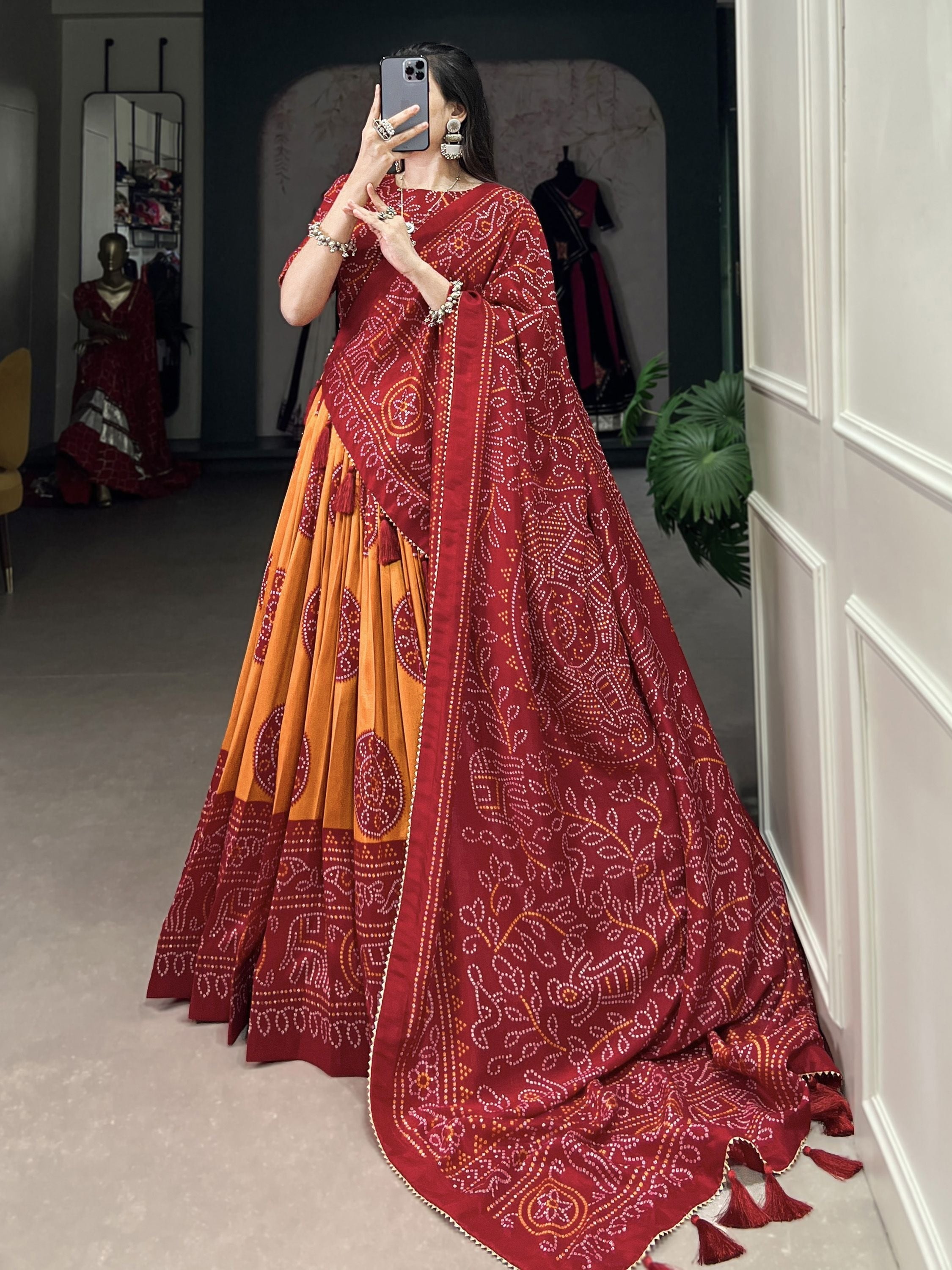 Mustard Tussar Silk Bandhej Printed  with Gotta Patti Border Lehenga Choli