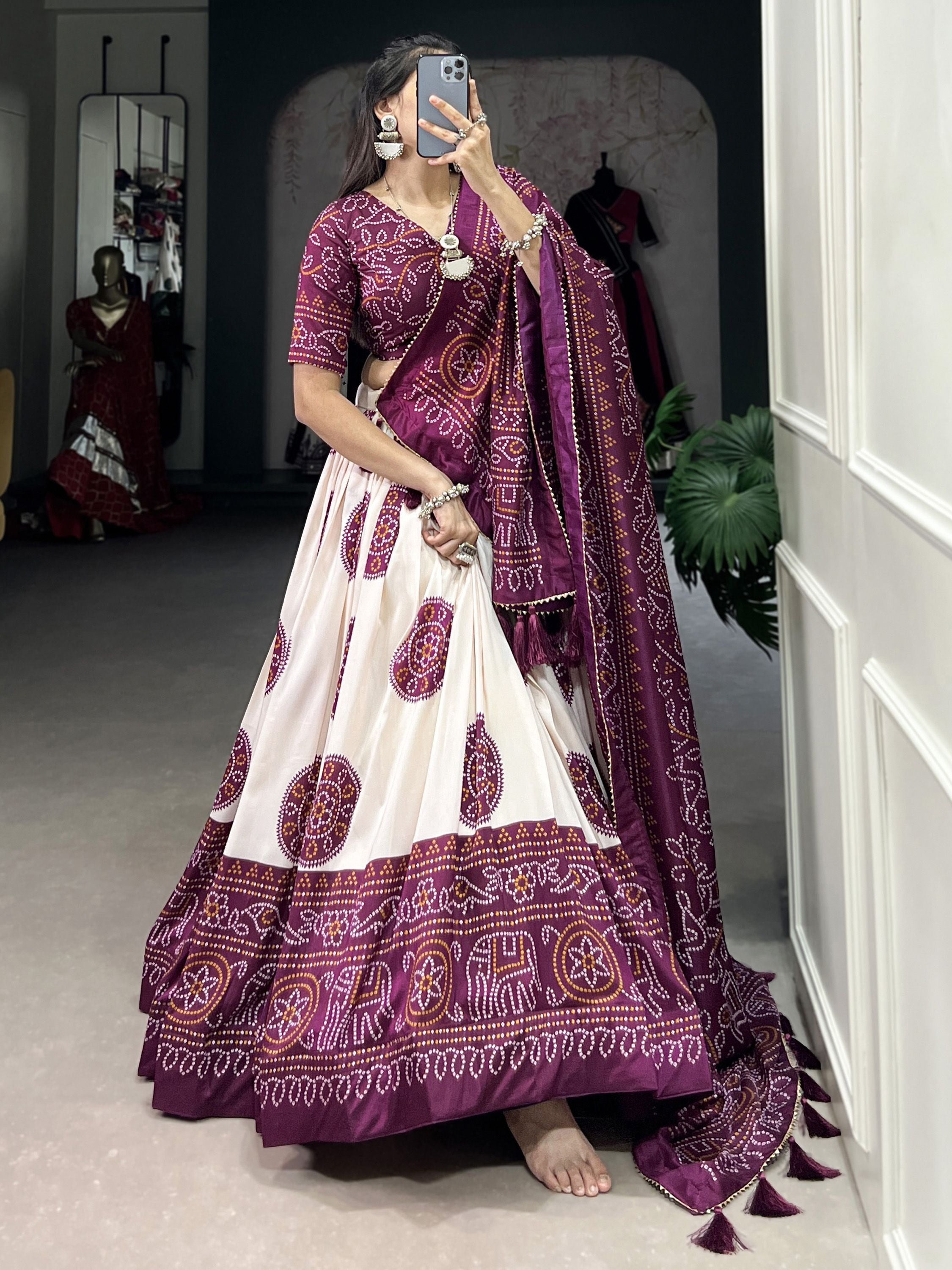 Wine Tussar Silk Bandhej Printed  with Gotta Patti Border Lehenga Choli