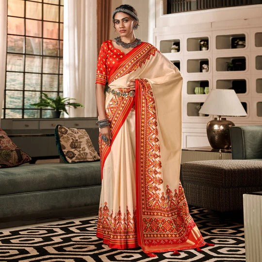 Bandhan Cream Tusser Patola Silk Lagdi Pallu Saree