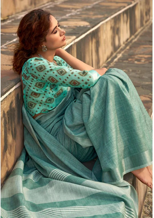 Abhirupi Blue Soft Linen Silk Saree With Tussles
