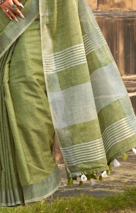 Abhirupi Green Soft Linen Silk Saree With Tussles