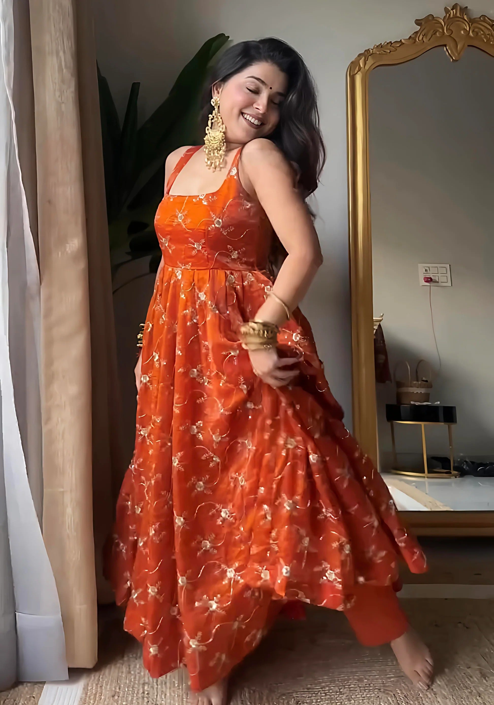 Blooming Orange Fendy Silk Thred With Sequnce Work Anarkali Suit Set