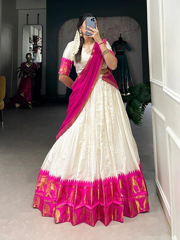 Pink Zari Weaving Chex Work Poly Cotton Lehenga Choli