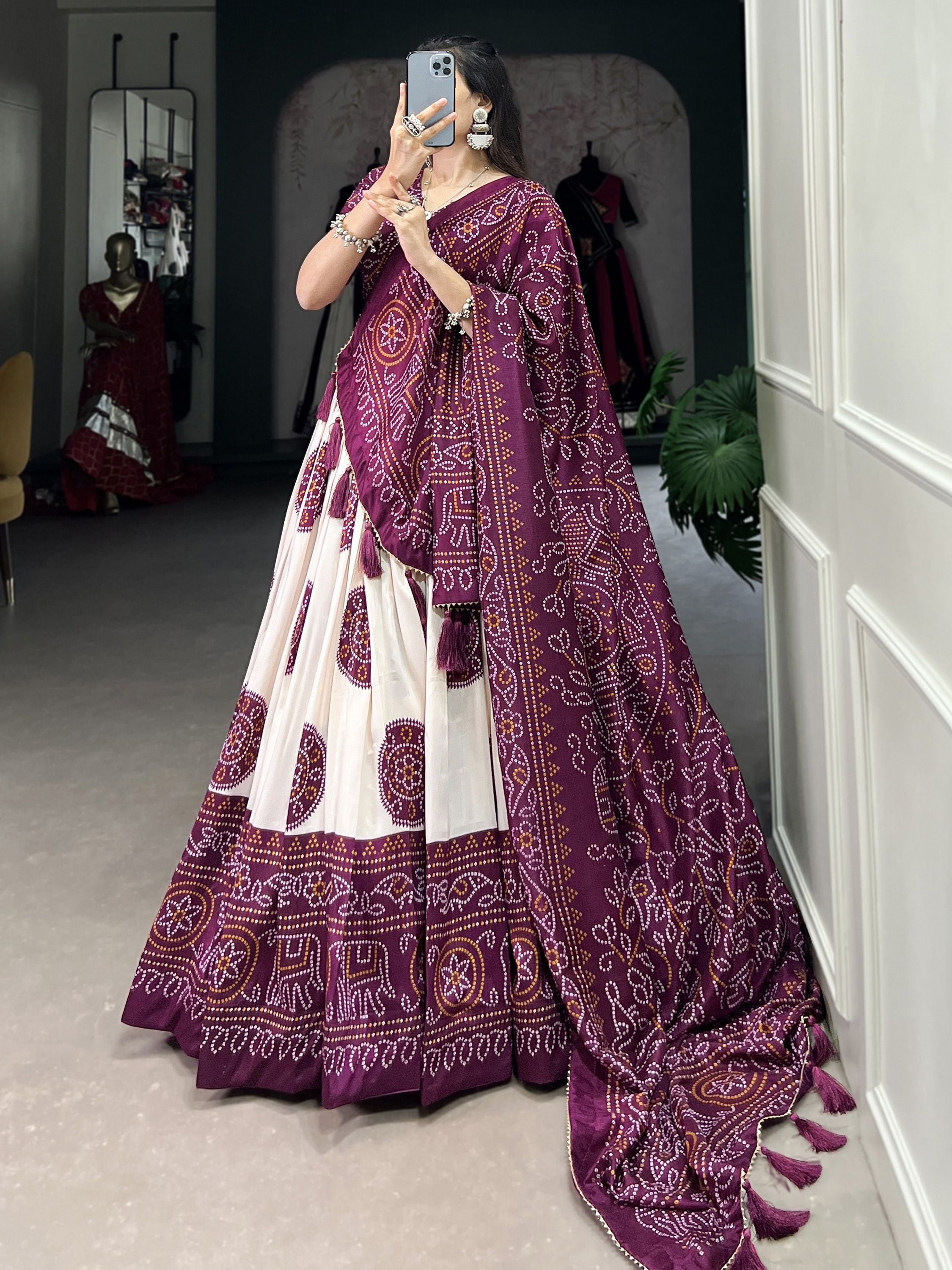 Wine Tussar Silk Bandhej Printed  with Gotta Patti Border Lehenga Choli
