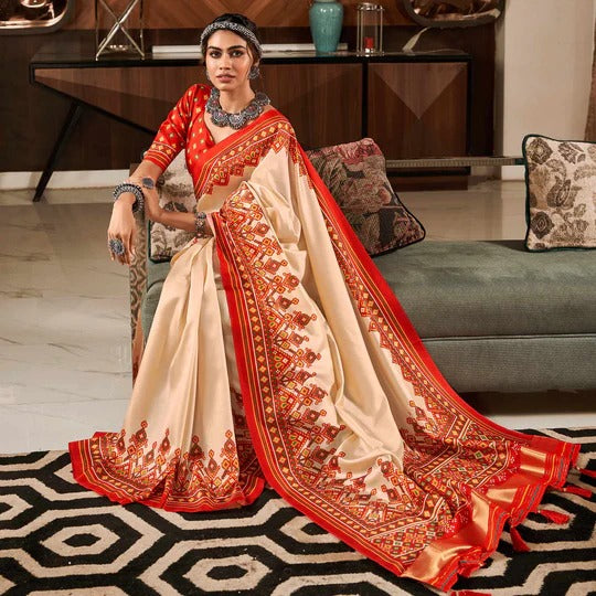 Bandhan Cream Tusser Patola Silk Lagdi Pallu Saree