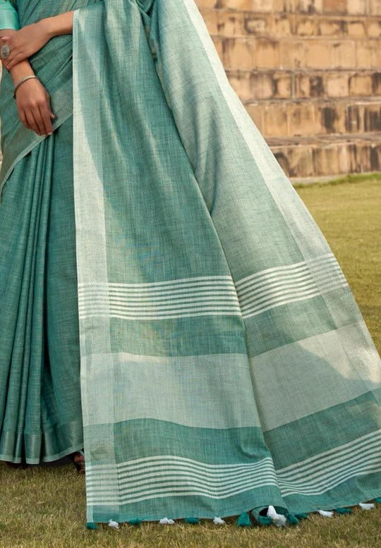 Abhirupi Blue Soft Linen Silk Saree With Tussles