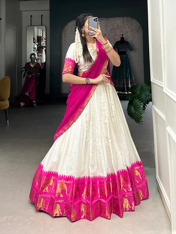 Pink Zari Weaving Chex Work Poly Cotton Lehenga Choli