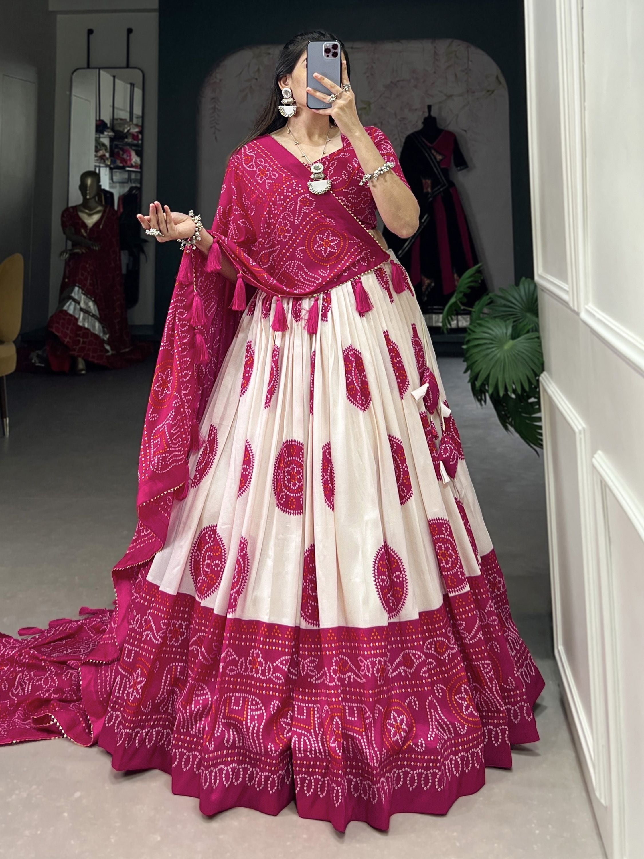 Pink Tussar Silk Bandhej Printed  with Gotta Patti Border Lehenga Choli