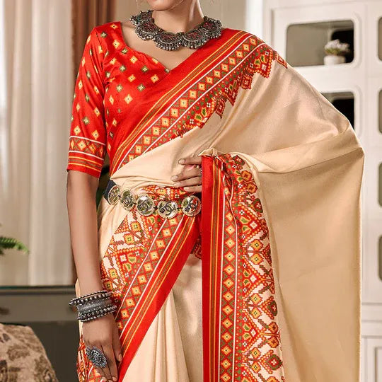 Bandhan Cream Tusser Patola Silk Lagdi Pallu Saree