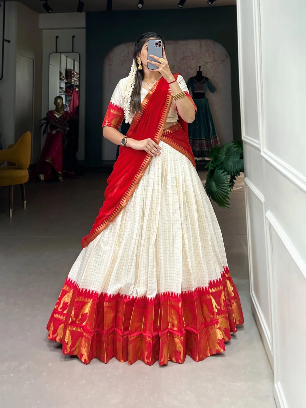 Red Zari Weaving Chex Work Poly Cotton Lehenga Choli