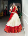 Red Zari Weaving Chex Work Poly Cotton Lehenga Choli