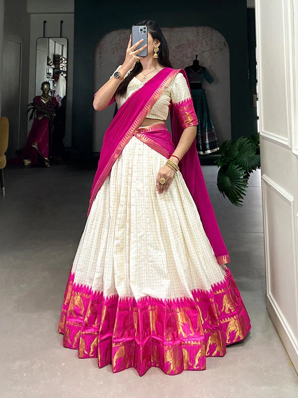 Pink Zari Weaving Chex Work Poly Cotton Lehenga Choli