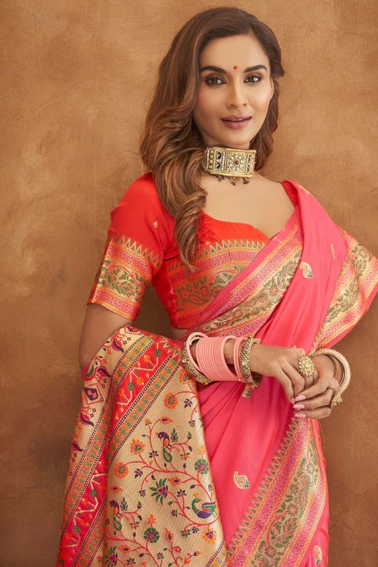 Apsra Pink Banarasi Soft Silk Weaving Saree