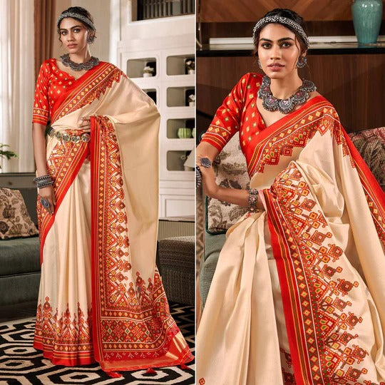 Bandhan Cream Tusser Patola Silk Lagdi Pallu Saree