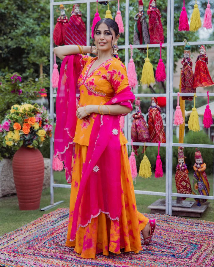 Orange Crepe Digital Printed With Embroidery Sharara Suit Set