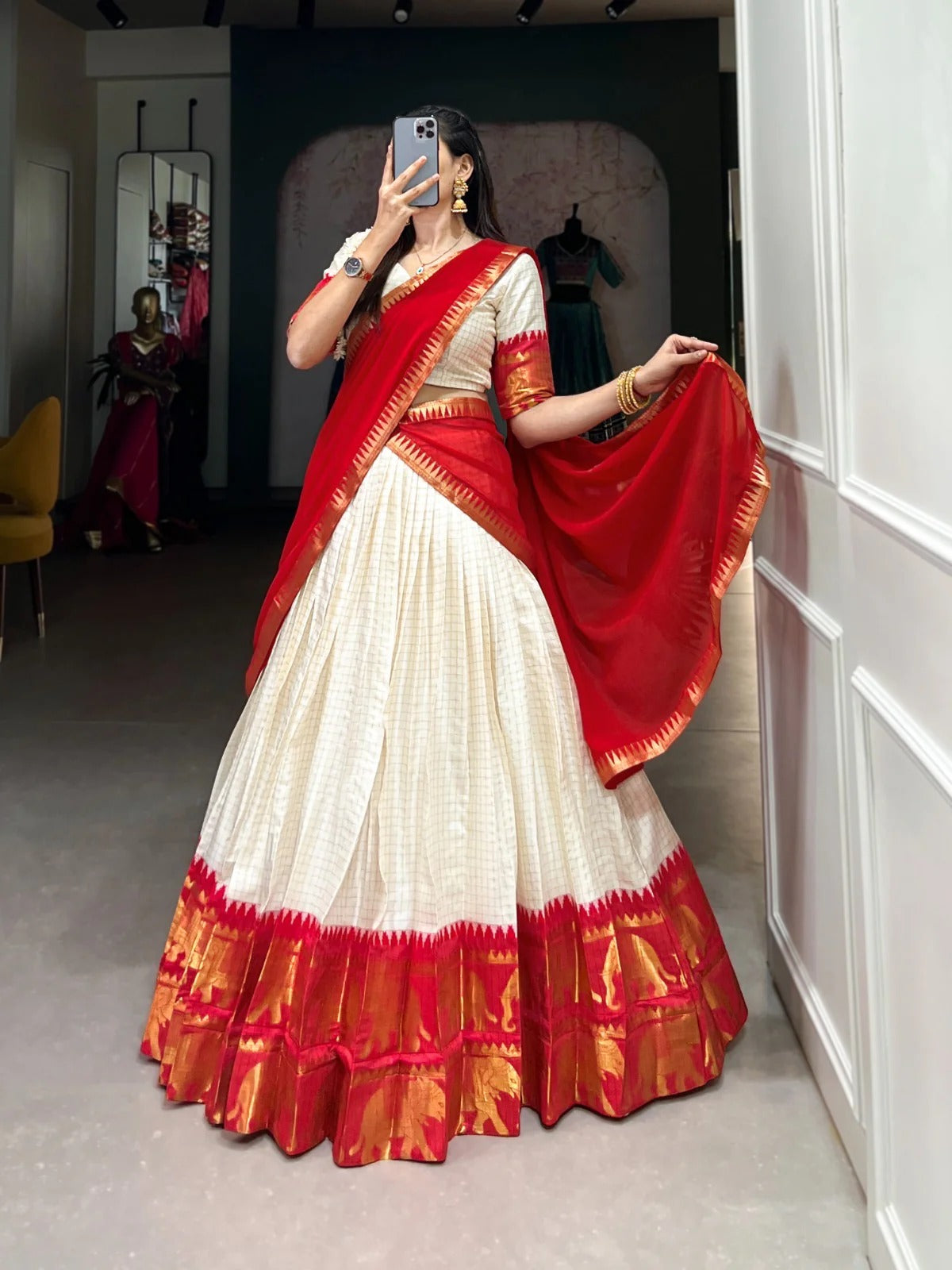 Red Zari Weaving Chex Work Poly Cotton Lehenga Choli