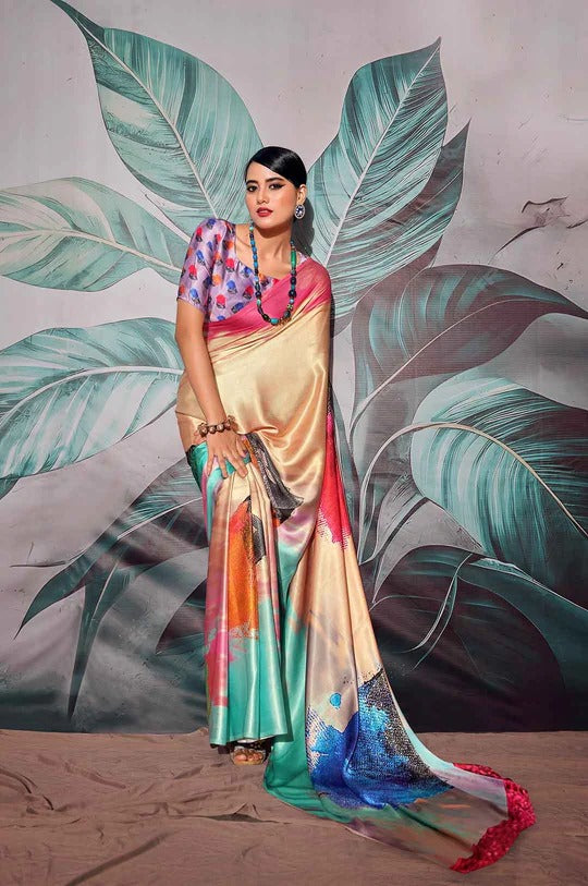 Patnag Multicolor Soft Satin Crepe Silk Printed Saree