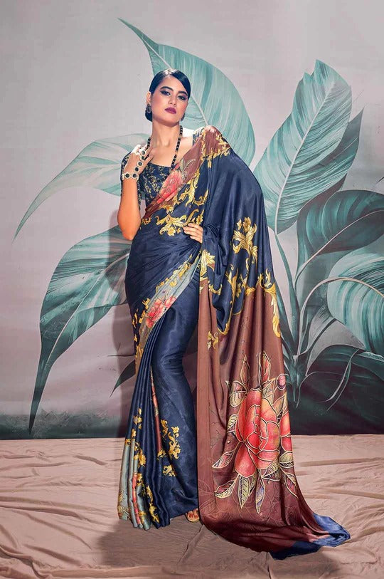 Patnag Blue 0Soft Satin Crepe Silk Printed Saree