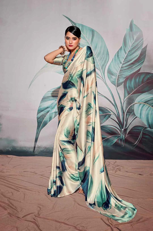 Patnag Cream Soft Satin Crepe Silk Printed Saree