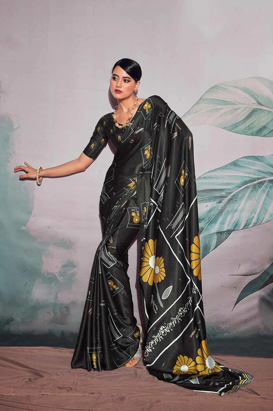 Patnag Jat Black Soft Satin Crepe Silk Printed Saree