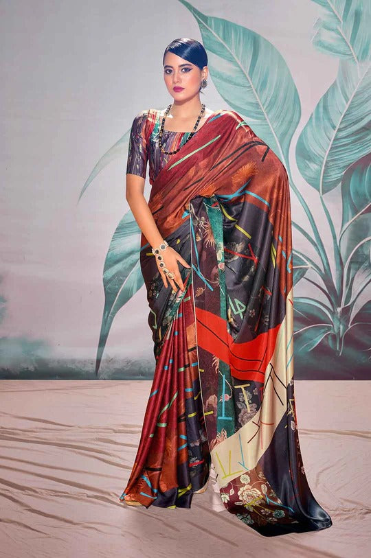 Patnag Multicolor Soft Satin Crepe Silk Printed Saree