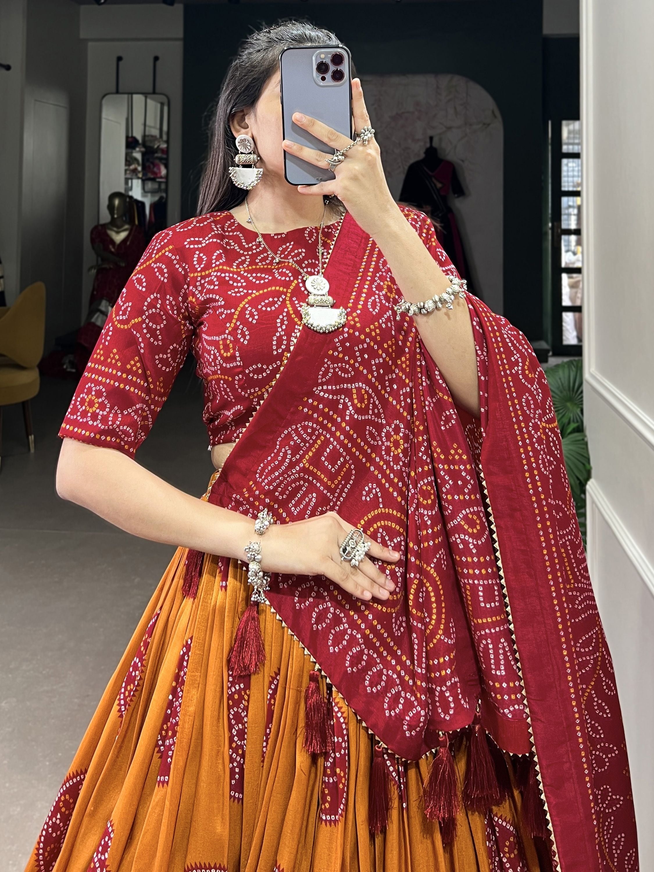 Mustard Tussar Silk Bandhej Printed  with Gotta Patti Border Lehenga Choli