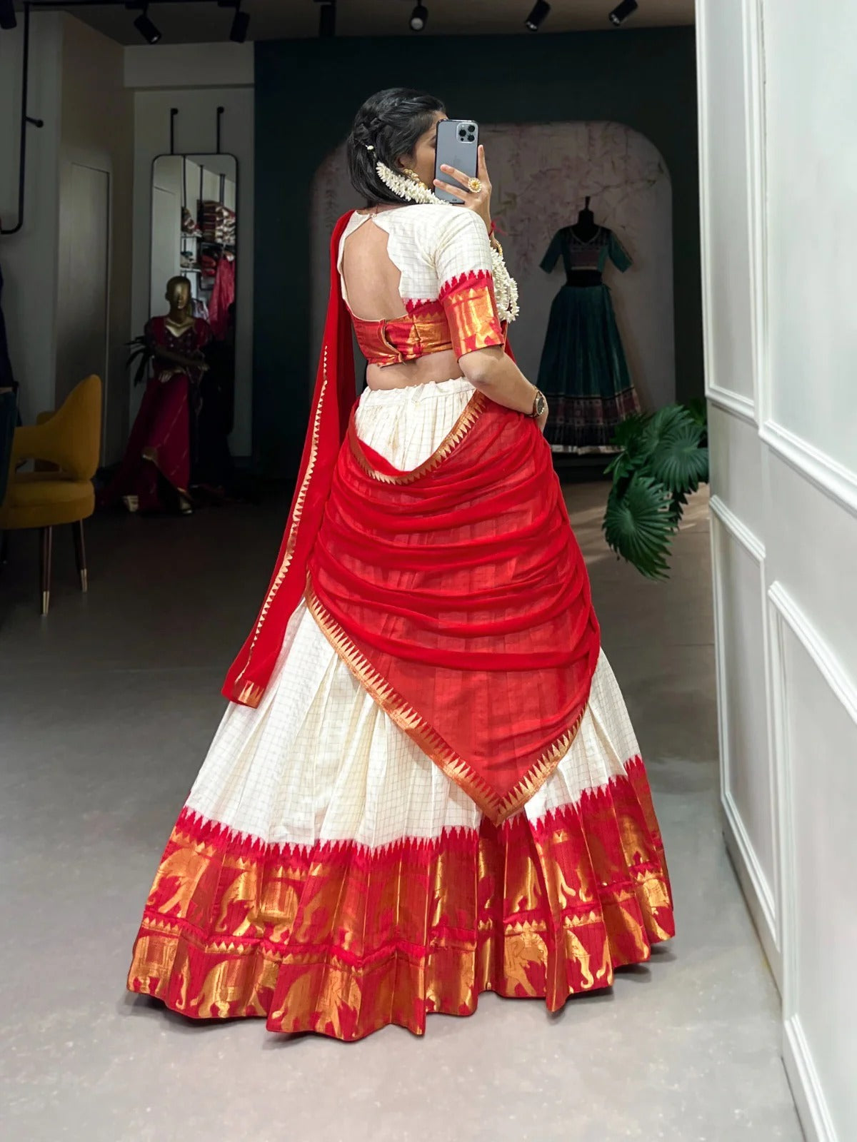 Red Zari Weaving Chex Work Poly Cotton Lehenga Choli