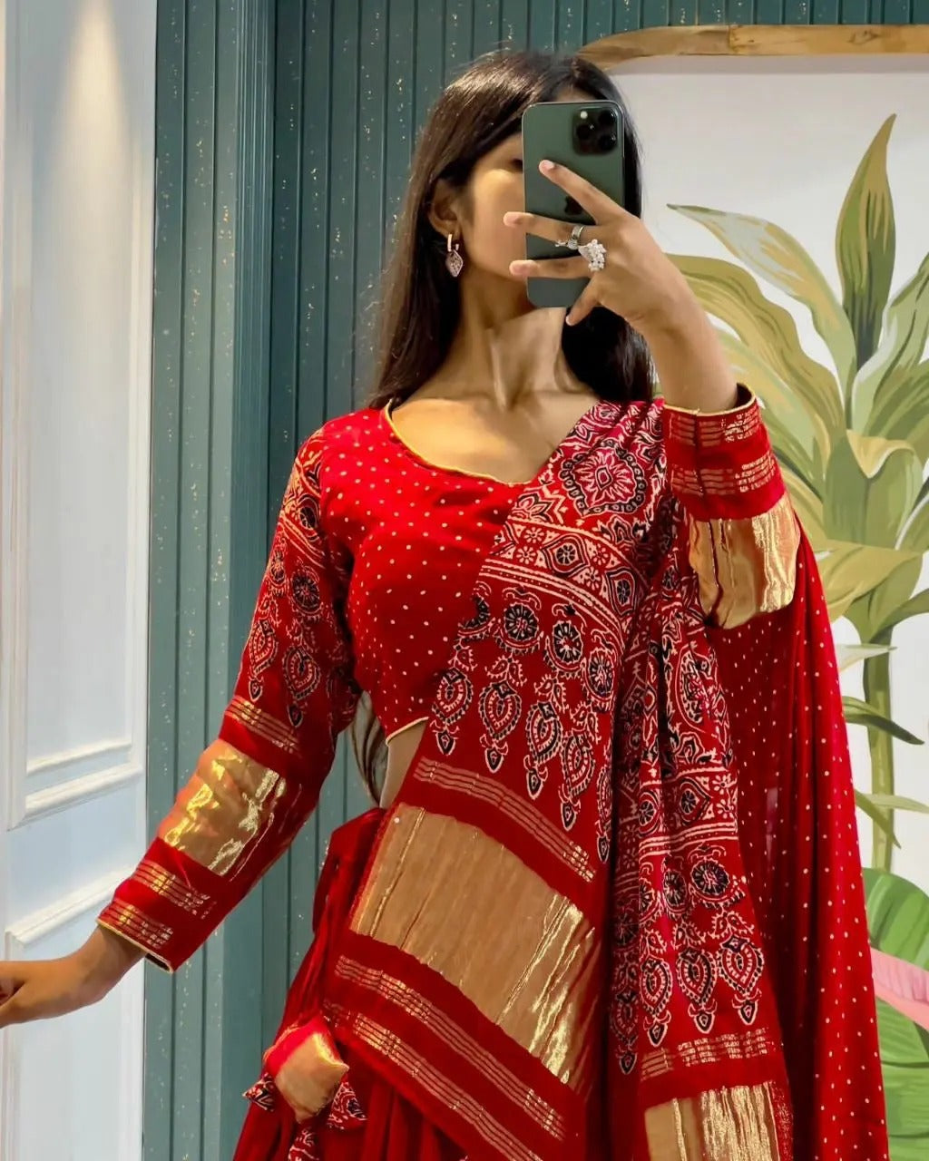 Glorious Red Ajrakh Hand Block Pure Modal Silk Lehenga Choli With Lagdi Patta