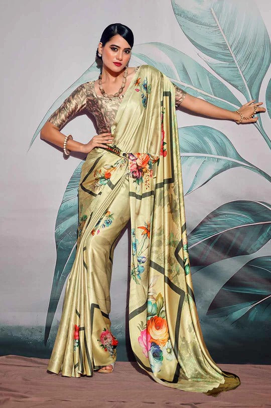 Patnag Light Yellow Soft Satin Crepe Silk Printed Saree