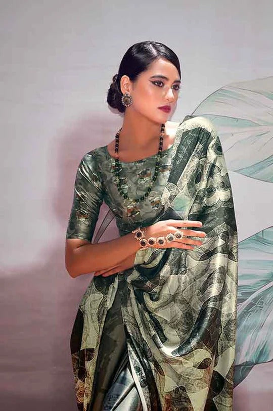 Patnag Black Soft Satin Crepe Silk Printed Saree