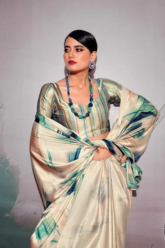 Patnag Cream Soft Satin Crepe Silk Printed Saree