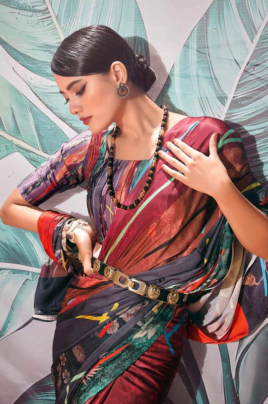 Patnag Multicolor Soft Satin Crepe Silk Printed Saree