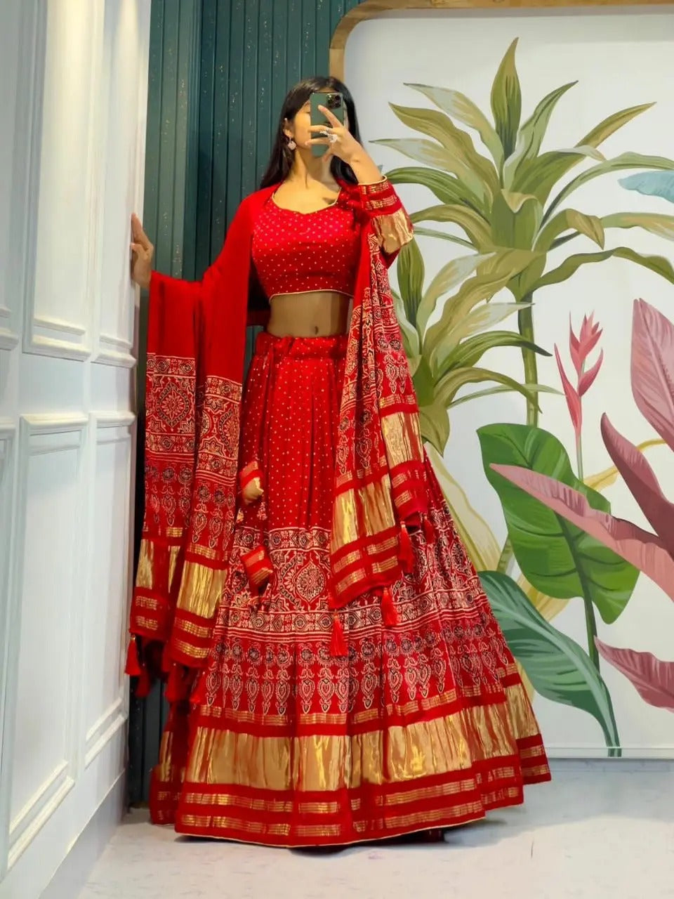 Glorious Red Ajrakh Hand Block Pure Modal Silk Lehenga Choli With Lagdi Patta