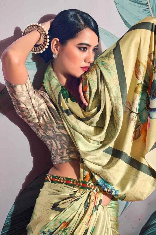 Patnag Light Yellow Soft Satin Crepe Silk Printed Saree