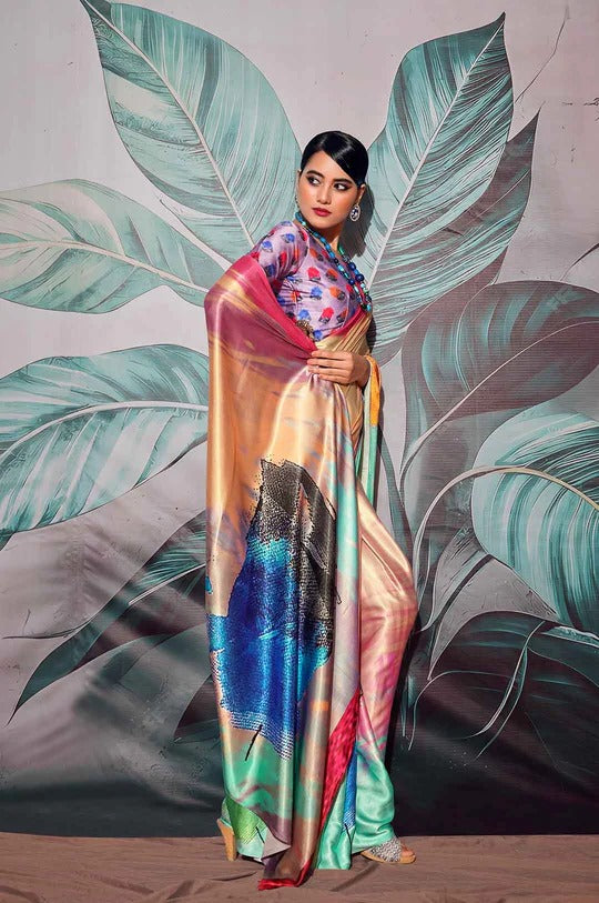 Patnag Multicolor Soft Satin Crepe Silk Printed Saree