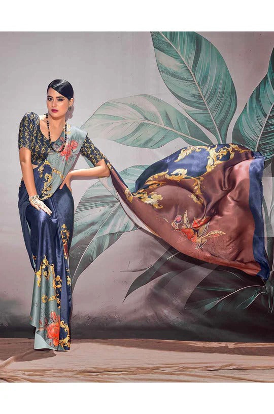 Patnag Blue 0Soft Satin Crepe Silk Printed Saree
