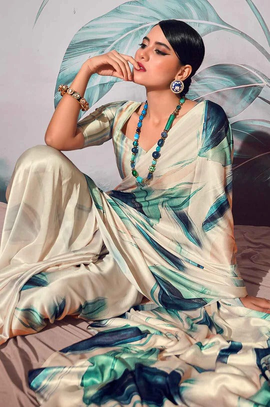 Patnag Cream Soft Satin Crepe Silk Printed Saree