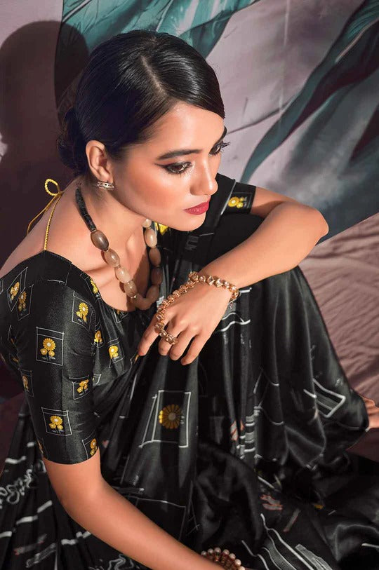 Patnag Jat Black Soft Satin Crepe Silk Printed Saree
